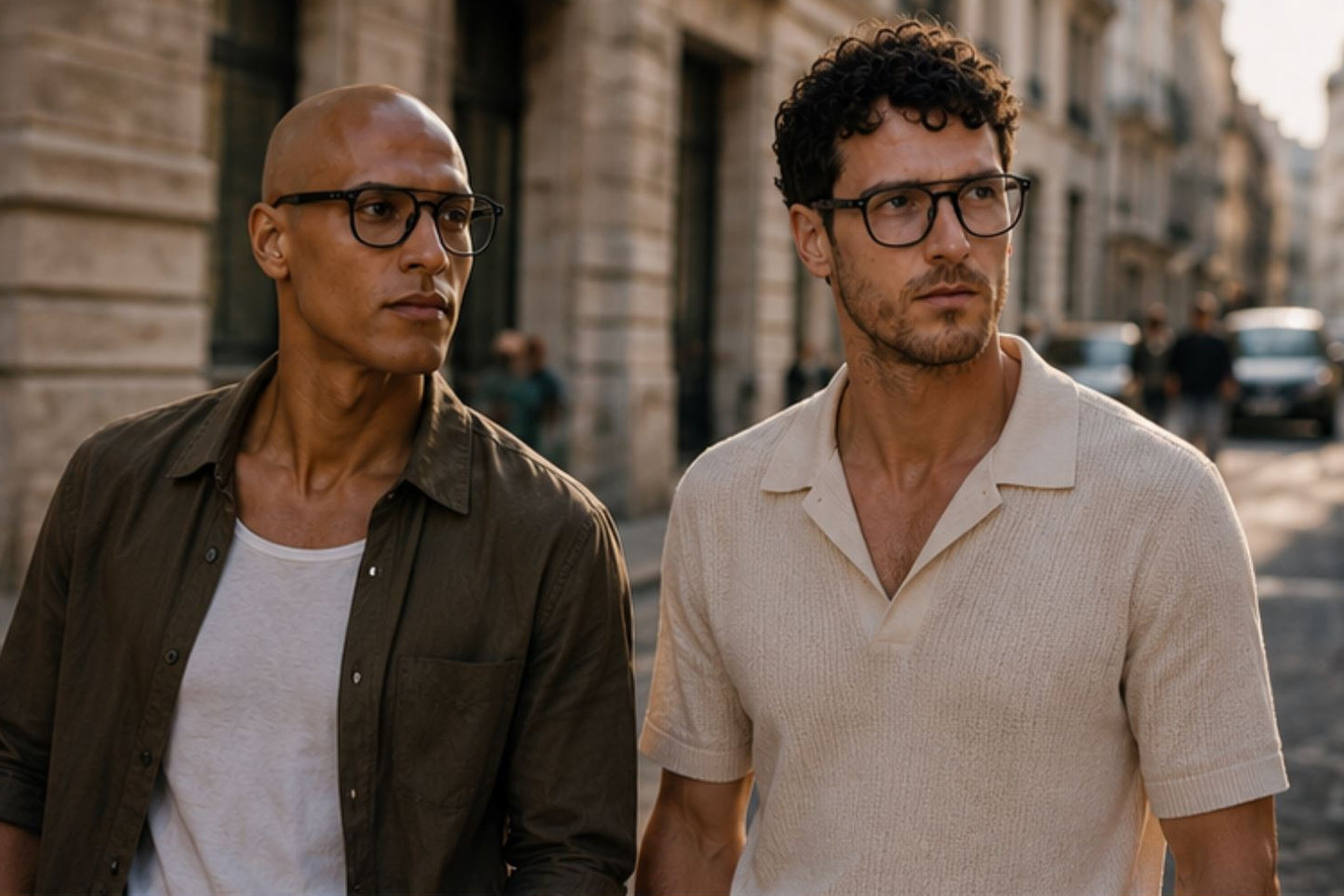 Two men standing on a street with buildings and people in the background wearing aviator glasses
