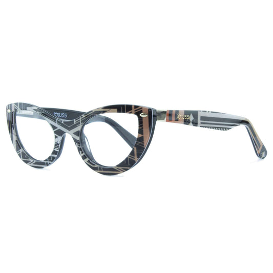 Black cat eye glasses with a gatsby print image