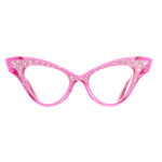 Load image into Gallery viewer, Front view of clear pink cat eye glasses, featuring a gorgeous pink glitter browline decoration.