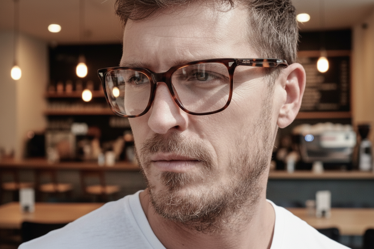 Man wearing square tortoiseshell eyeglasses with in a cafe.
