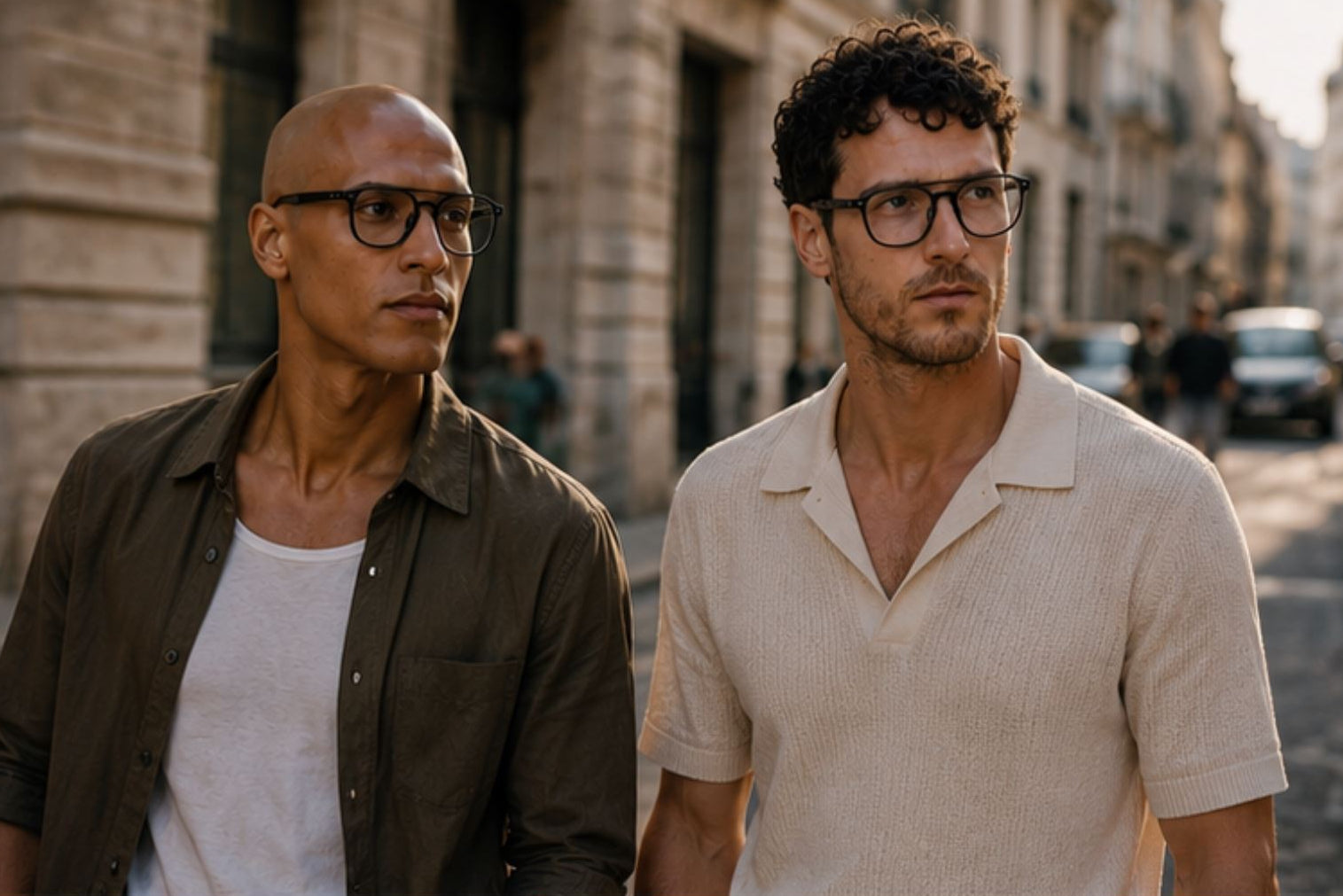 Two men standing on a street with buildings and people in the background wearing aviator glasses