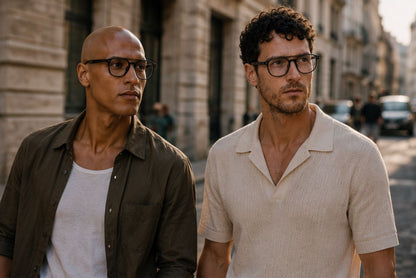 Two men standing on a street with buildings and people in the background wearing aviator glasses