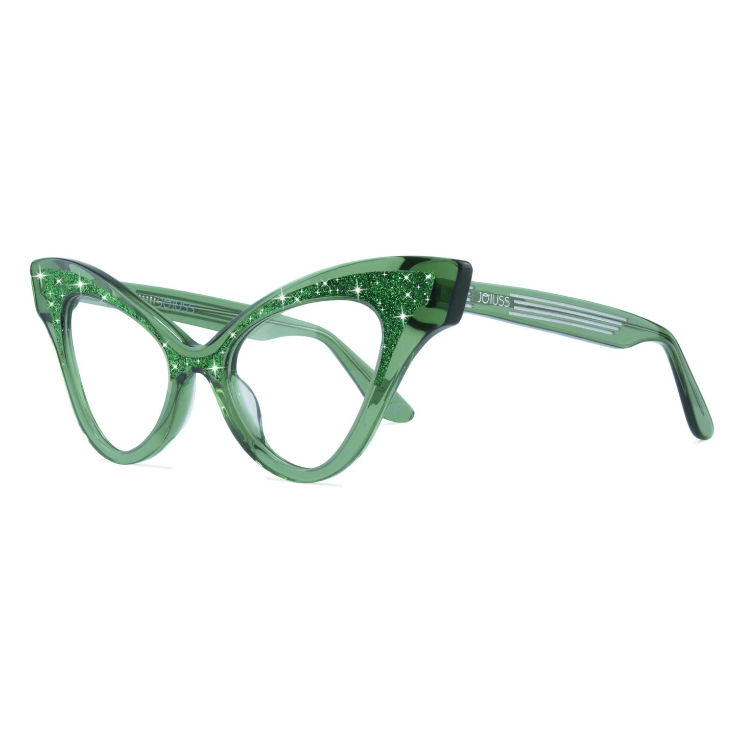 green vateye glasses frame with glitter detailing