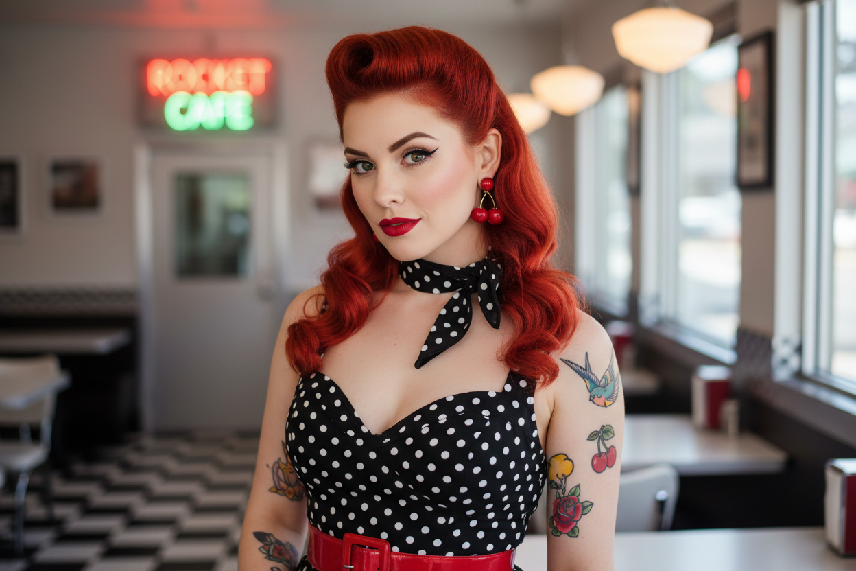 Woman with heart shaped face, red hair and tattoos in a polka dot dress in a diner setting