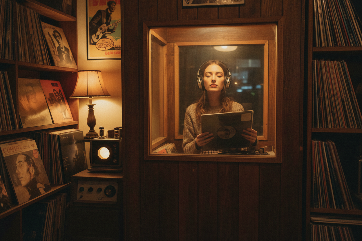 Women with small face holding a record in a sound booth.
