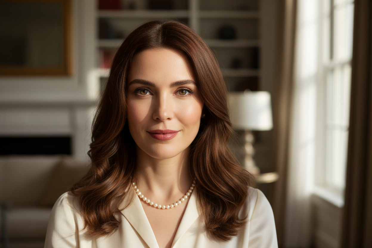 Woman with round face shape, long brown hair wearing a pearl necklace in a softly lit room.
