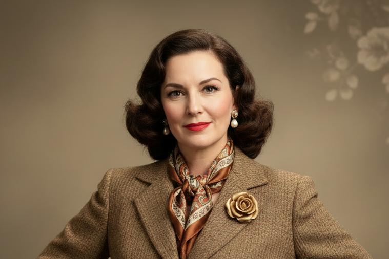 Woman in a vintage-style brown suit, square face shape with a scarf and brooch against a neutral background