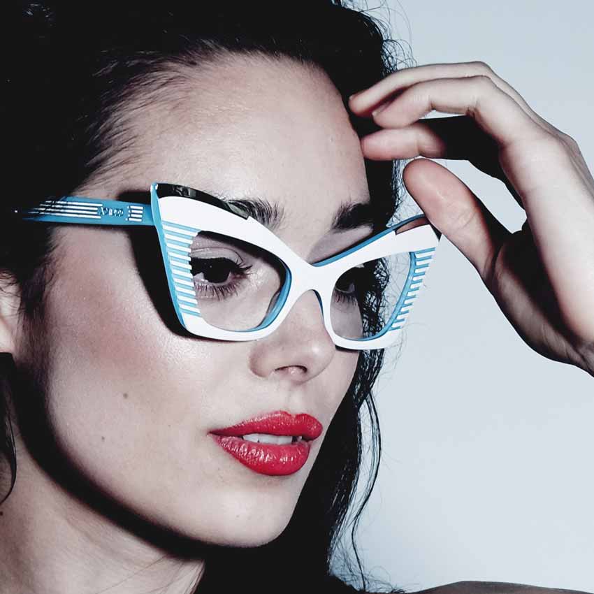 Women wearing white cat eye glasses frames