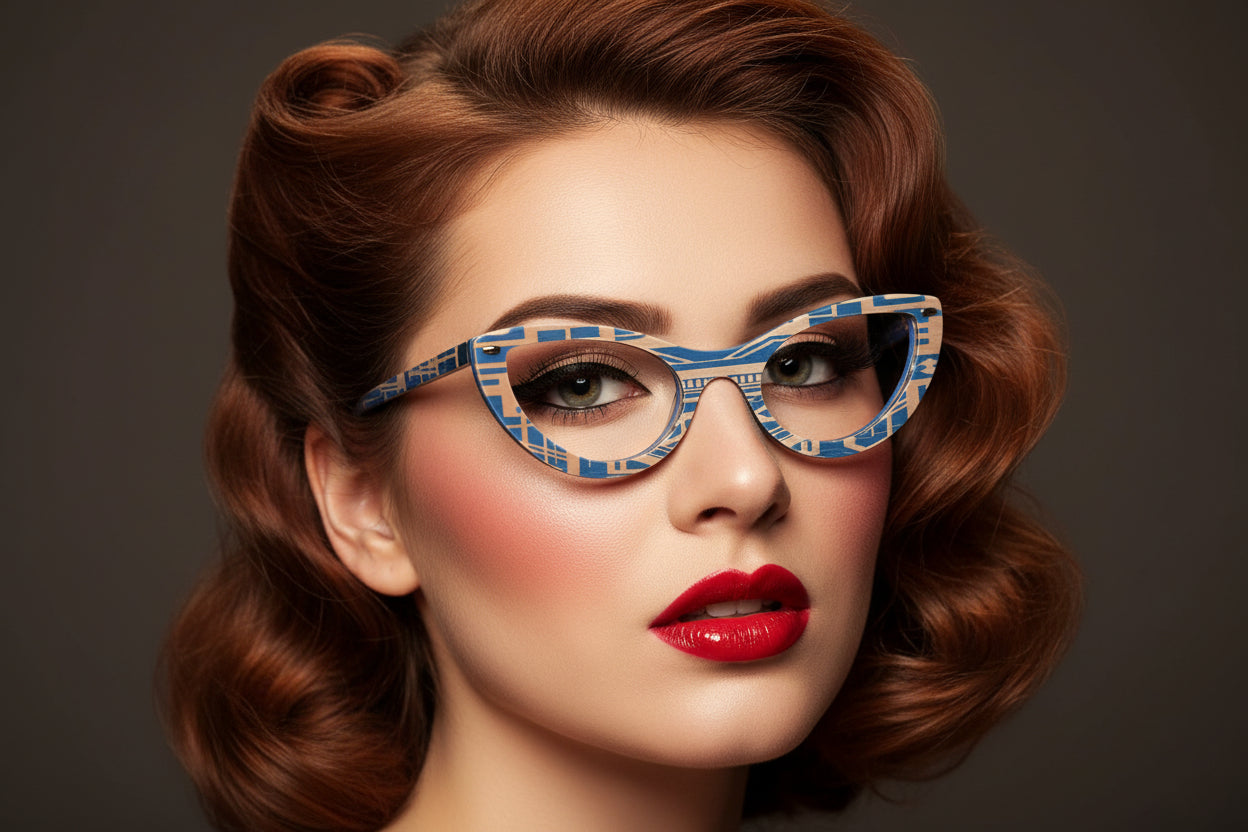 Pin up model wearing blue and gold cat eye glasses