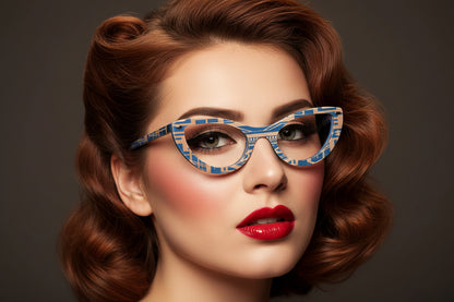 Pin up model wearing blue and gold cat eye glasses