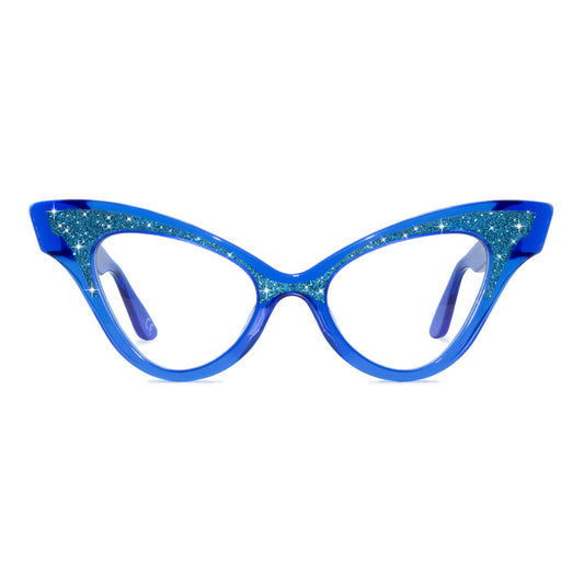 clear blue winged cat eye glasses