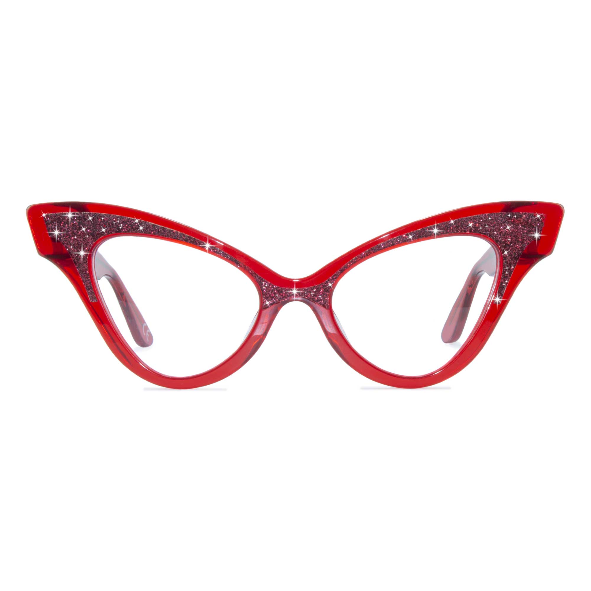 clear red winged cat eye glasses frame, front view