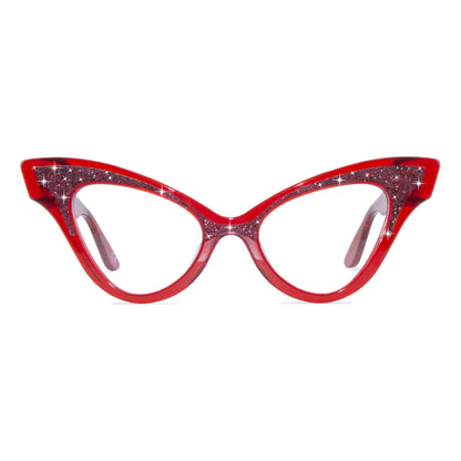 clear red winged cat eye glasses frame, front view