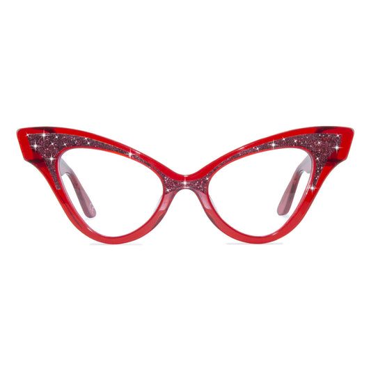 clear red winged cat eye glasses frame, front view