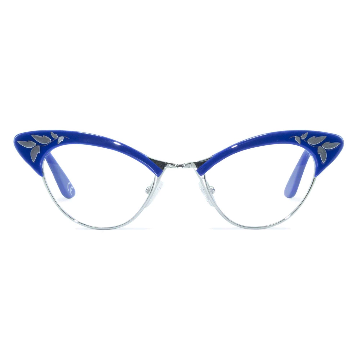 blue & silver cat eye glasses front view